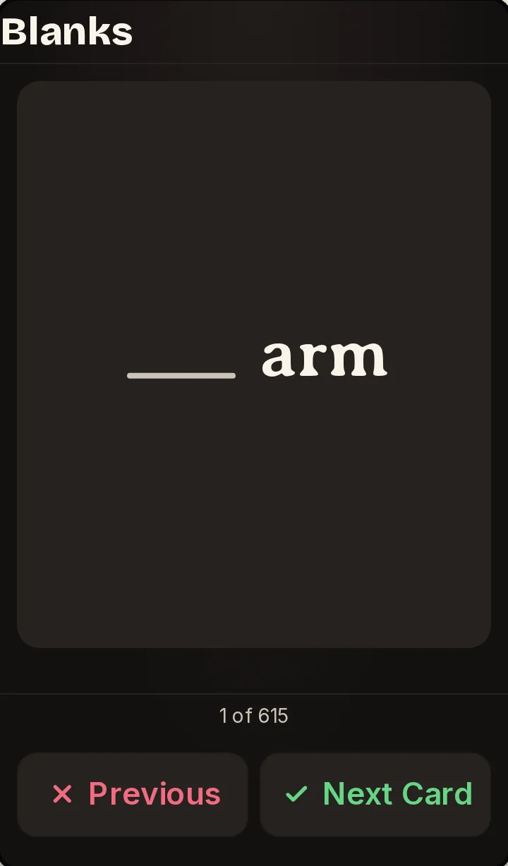 A Blanks card on the host screen reading blank arm, card 1 of 615, with Previous and Next Card buttons.