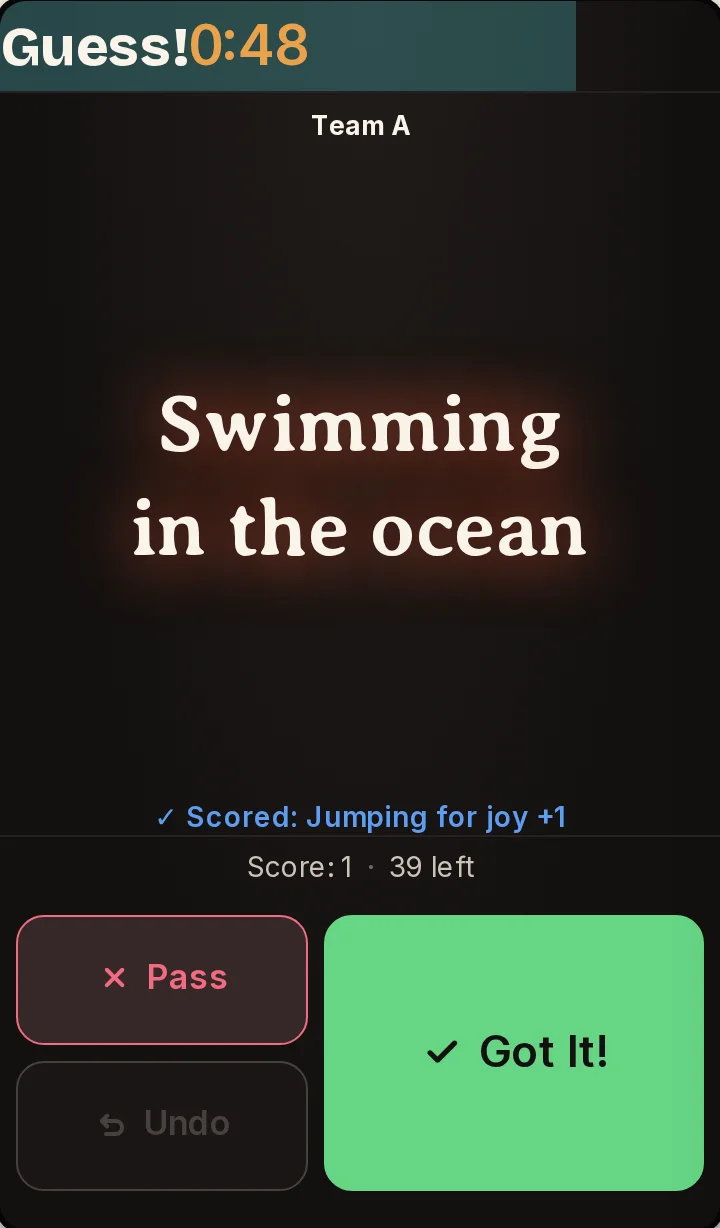 A Guess! turn on the host screen: the timer at 0:48, the card Swimming in the ocean, a point just scored, and Pass and Got It buttons.