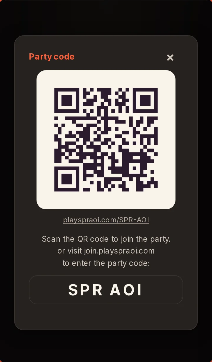 The host screen showing the party code: a QR code to scan and the code SPR AOI to type in.