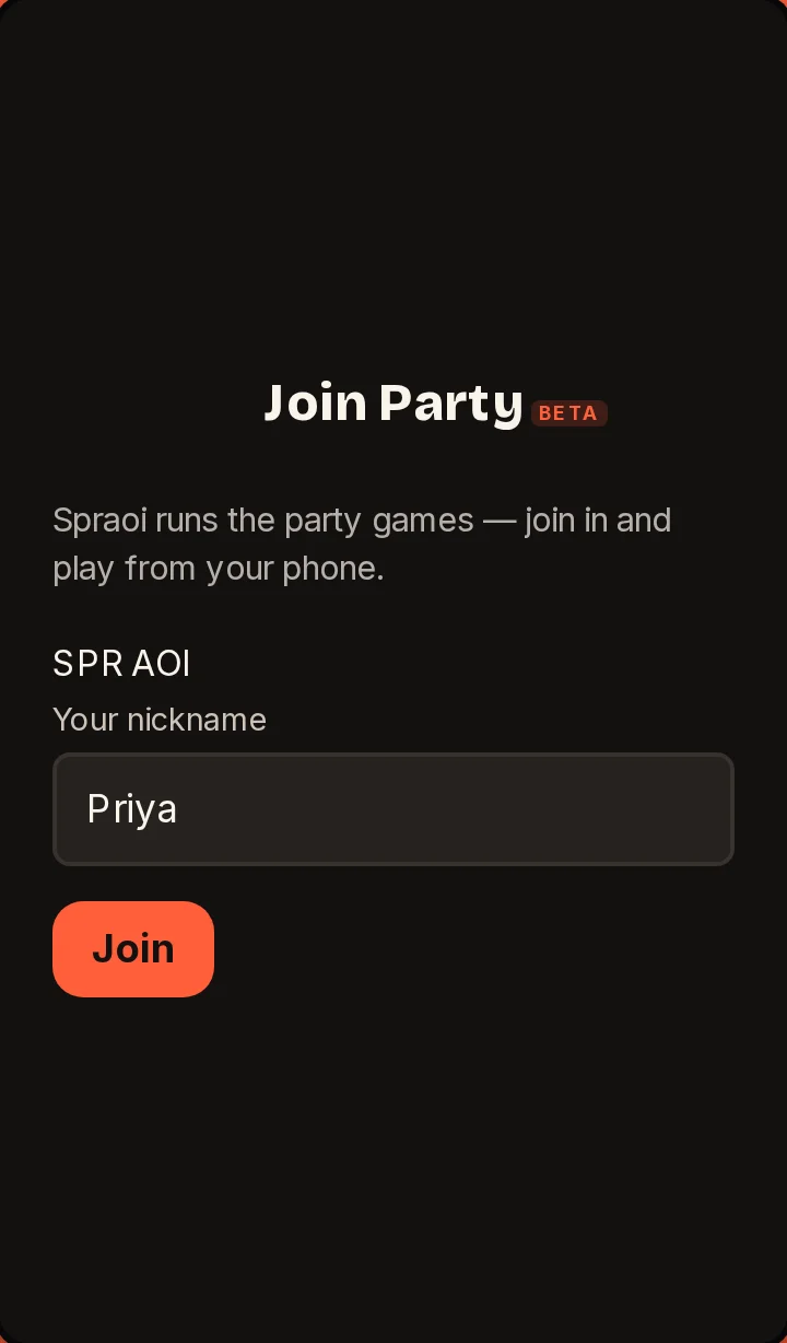 A guest's phone on the Join Party screen, with the party code SPR AOI and the nickname Priya filled in.
